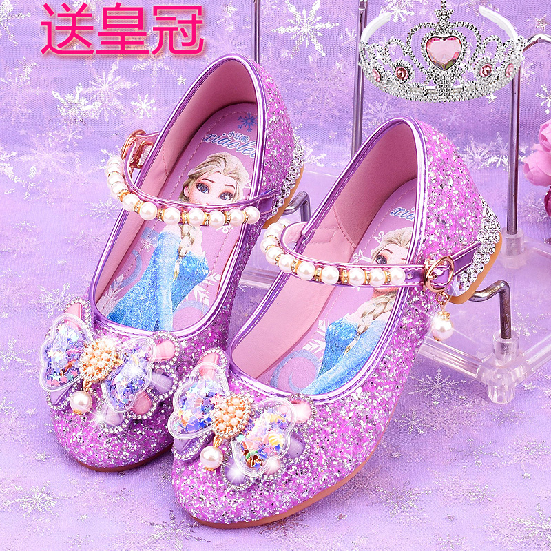 女童皮鞋爱莎公主水晶鞋新款冰雪奇缘儿童高跟鞋小女孩单鞋走秀鞋