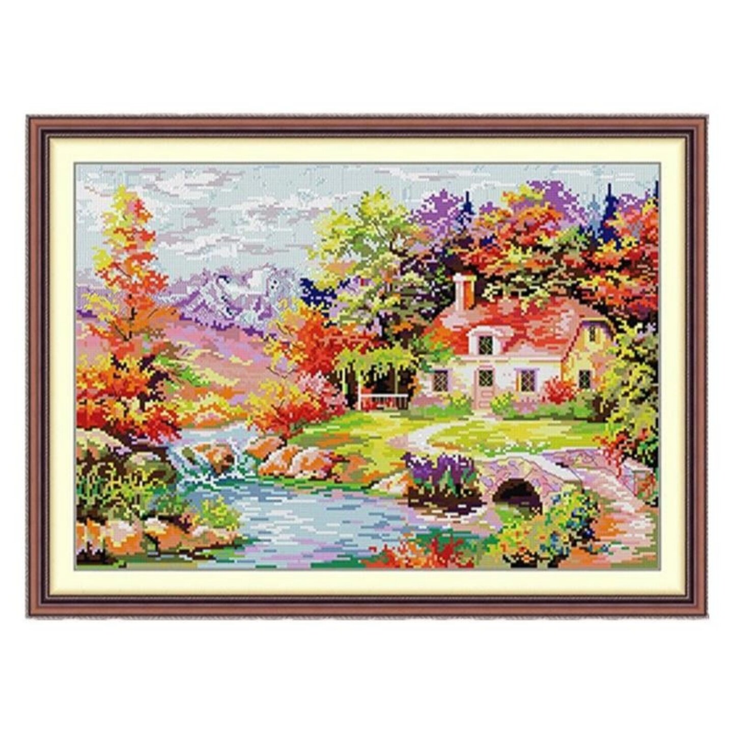自己绣秋日小屋金色秋天十字绣油画风景2026新款秋景河边小桥流水