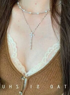 环环相扣个性锆石链叶片四叶草锁骨项链十字架高级感