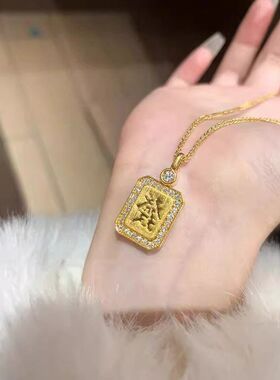 金色高级感链女古法小方牌项链