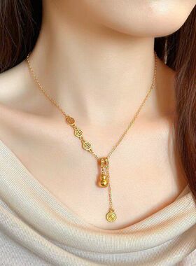 女古法项链复古吊坠链葫芦流苏吉祥如意真金锁骨百搭沙金福字电镀