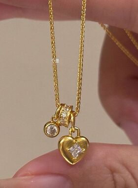精致镶钻金色爱心小众锁链锁骨轻奢吊坠设计拉丝气质中古高级项链