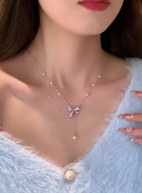 项链甜美钢ins链钛锁骨小众流苏掉色蝴蝶结女生风不锆石气质轻奢