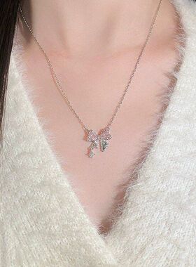锁骨百搭项链链粉色结锆石蝴蝶结