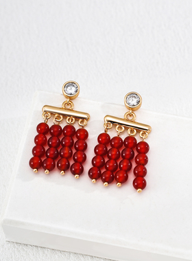 新中式复古气质天然水晶石珠帘耳环轻奢高级感小众设计感流苏耳环