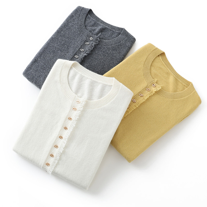 100%纯山羊绒针织圆领开衫女小香风毛边外套上衣百搭羊绒衫打底衫,淘宝优惠券,粉丝福利购,淘宝优惠卷