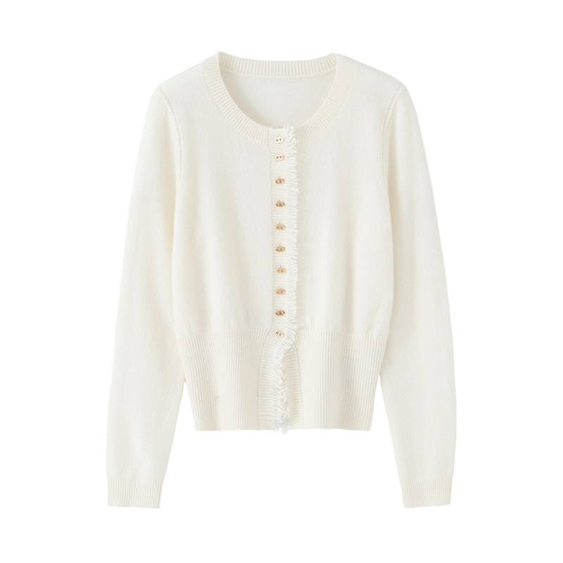 100%纯山羊绒针织圆领开衫女小香风毛边外套上衣百搭羊绒衫打底衫,淘宝优惠券,粉丝福利购,淘宝优惠卷