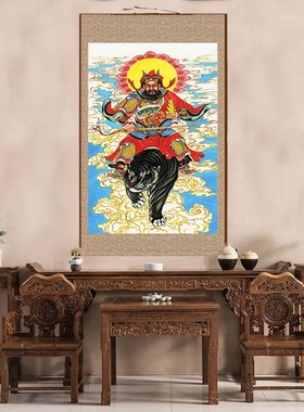 丝绸卷轴国画武财神赵公明画