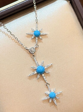 轻奢S925纯银 仿绿松雪花米字项链精致唯美浪漫多颗太阳花