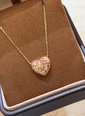 轻奢s925纯银 彩钻爱心项链告白气球橙色爱心感彩宝金色