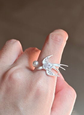 轻奢S925纯银新中式飞鸟飞燕珍珠戒指轻奢气质小众设计感时尚食指