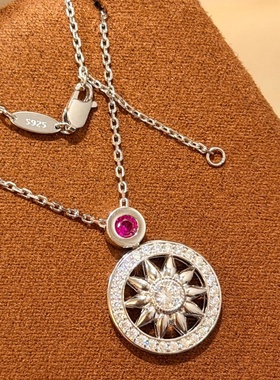 设计师s925纯银 粉钻罗盘项链圆圈轻奢精致感设计款复古八芒星