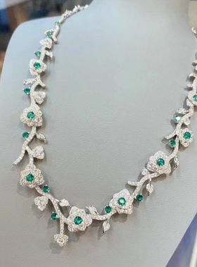 XBK925银镀金 培育祖母绿 木佐绿色层层手工玫瑰花 繁花花朵套链