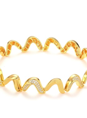 s925银镀金电话线波纹手链女小众轻奢时尚镶钻拼接波浪手饰厂