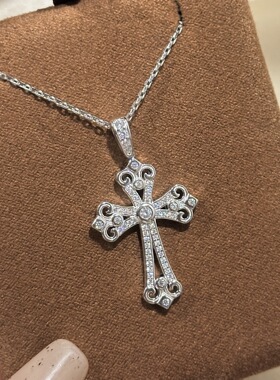 设计师s925纯银 十字架镂空项链宫廷风蕾丝钩花感爆闪精致轻奢