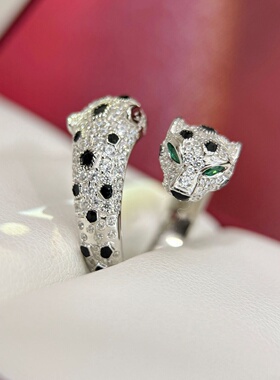 轻奢纯银s925黑斑点双豹子绿眼睛豹头开口戒指感满钻镶嵌经典款