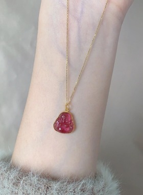 设计师轻奢国潮红色弥勒佛项链女ins新中式宫廷风吊坠小众设计感