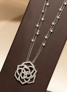 设计师s925纯银 镂空玫瑰花点钻双链条项链感大号花朵精致贵气