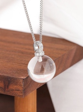 设计师925银天然白水晶球吊坠项链女轻奢感清透圆球锁骨链小众