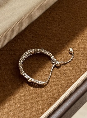 设计师S925纯银 碎碎冰圆珠链条抽拉戒指爆闪光面小银珠蕾丝小众