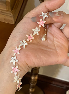 设计师9999纯银宫廷风手链 足银999.9精工珐琅彩花丝樱花民族风