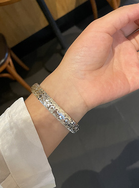 设计师定制碎冰冰泥鳅背闭口足银9999新款宽面爆闪纯银手镯送长辈