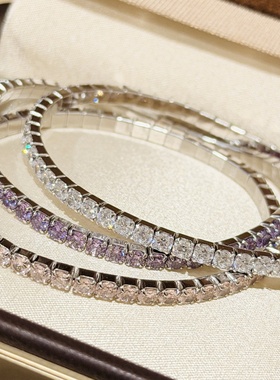 设计师S925纯银 弹力圈彩钻手链网球手链轻奢百搭小众粉钻紫钻白