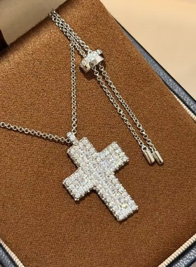 设计师s925纯银 满钻镶嵌爆闪十字架项链感拉伸链可做毛衣链精致