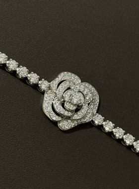 设计师s925纯银 山茶花满钻排钻手链感爆闪奢华闪钻气质富婆满钻
