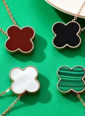 设计师幸运四叶草999足银玛瑙项链女 轻奢百搭佩戴贝壳吊坠感锁骨