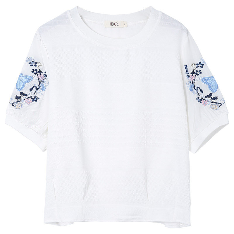 韩潮袭人圆领刺绣短袖白色蕾丝t恤 韩潮袭人蕾丝衫/雪纺衫