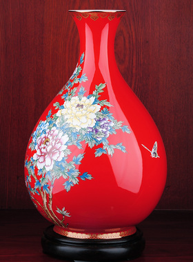 手绘珐琅彩花瓶陶瓷摆件客厅插花红色花瓶新中式中国红复古仿古HY