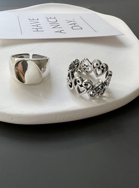 日韩S925银个性镂空戒指女复古时尚爱心花边开口指环嘻哈食指戒潮