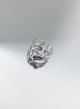 韩版S925银双层几何戒指女复古时尚紫宝石开口指环气质嘻哈食指戒