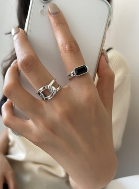 韩版S925银个性黑色方形戒指女复古时尚个性镂空几何指环食指戒潮