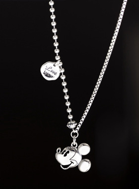 S925银复古做旧米奇项链女米老鼠卡通不对称嘻哈重工毛衣链潮