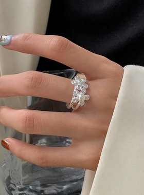 双生花朵戒指女时尚气质优雅珍珠S925银开口指环甜酷网红食指戒潮