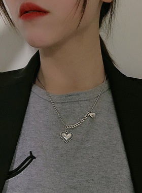 韩版S925银气质字母爱心吊坠项链女复古创意优雅锁骨链时尚毛衣链