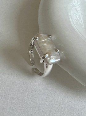 日韩S925银不规则珍珠巴洛克戒指女复古时尚夸张开口指环食指戒潮