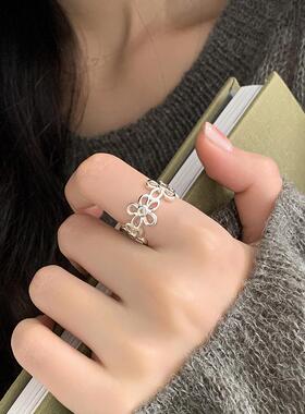 镂空花朵戒指女感韩版气质个性S925银开口指环小众网红食指戒