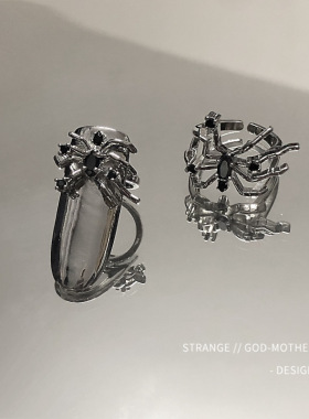 暗黑蛛芒戒指女复古时尚个性S925银甲片开口指环嘻哈蜘蛛食指戒潮