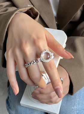 韩版S925银气质几何戒指女复古宫廷风水晶优雅开口指环创意食指戒