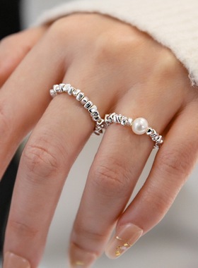 几何珍珠碎银串珠戒指女法式复古浪漫S925银指环甜酷叠戴食指戒潮