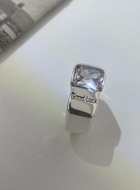 韩版S925银个性字母戒指女复古时尚good luck锆石开口指环食指戒