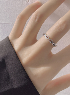 韩版S925银几何镂空猪鼻子戒指女复古时尚小巧开口指环创意食指戒