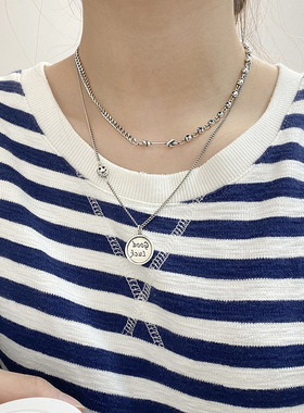 韩版S925银圆牌字母项链女复古时尚绳结笑脸锁骨链嘻哈创意毛衣链