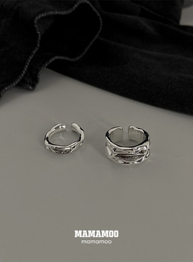 日韩S925银几何不规则戒指女复古时尚褶皱嘻哈开口指环创意食指戒