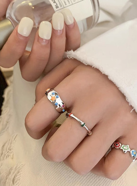 彩色滴釉星星戒指女个性创意竹节彩绘小花朵S925银指环食指戒