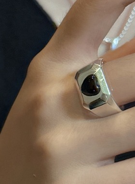 重工方形戒指女几何爱心黑色锆石微镶S925银开口宽边指环食指戒潮