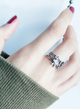 S925银复古马上有钱卡通开口戒指女ins个性网红生肖泰银食指环